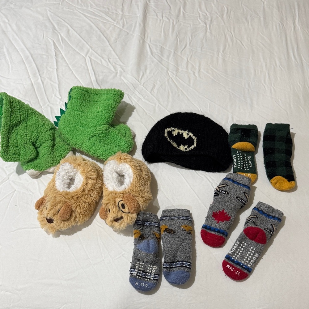 Roots socks. Slippers and Batman hat